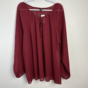Torrid Blouse Red Chiffon Tie Front Long Sleeve Womens Plus 3x Holiday Metallic